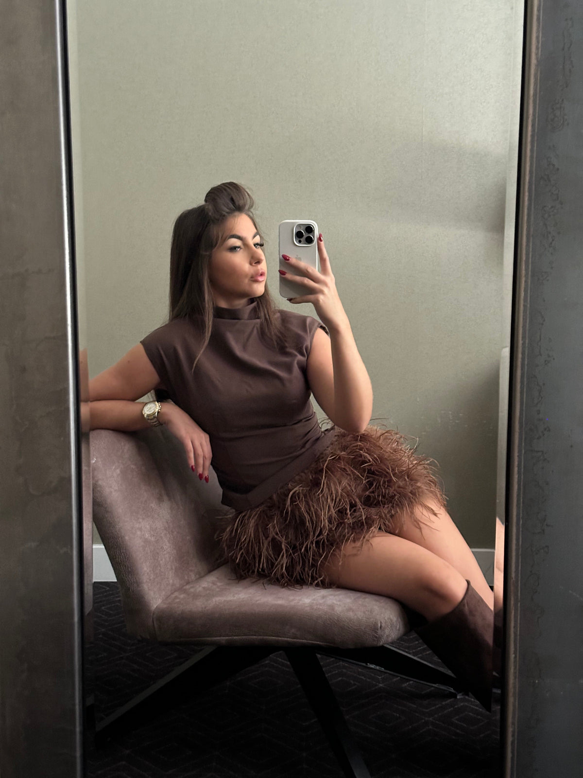‘KHLOE’ Ostrich Feather Skirt - Brown